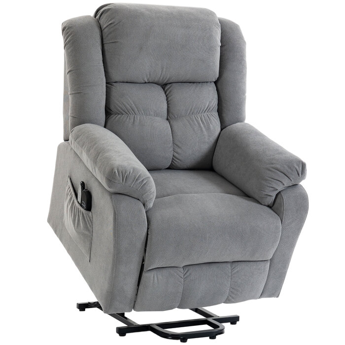 Крісло-реклайнер з функцією підйому, масажем та підігрівом попереку, з пультом керування та бічними кишенями, світло-сіре