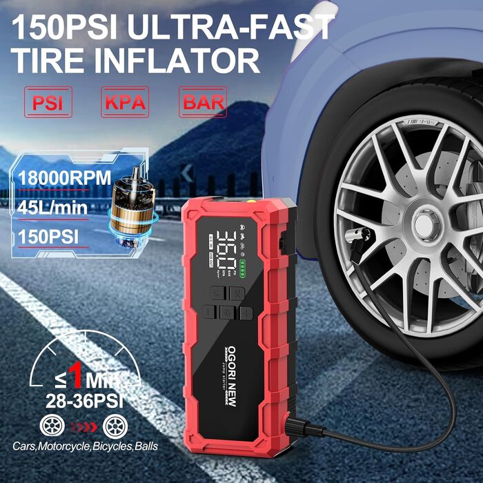 Powerbank з компресором Starthilfe для автомобіля, 6000A, LED ліхтарик, 12V, для 8L бензину/10L дизеля