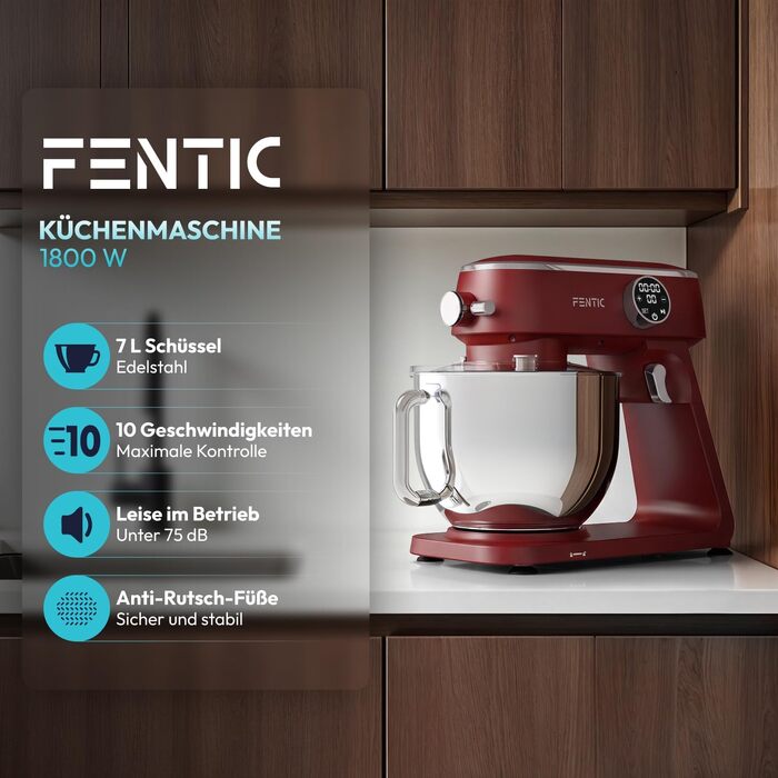 Планетарний міксер Küchenmaschine 1800W з чашею з нержавіючої сталі 7л, тістоміс для хліба та піци, 10 швидкостей з таймером, набір насадок та захисним екраном (Червоний)