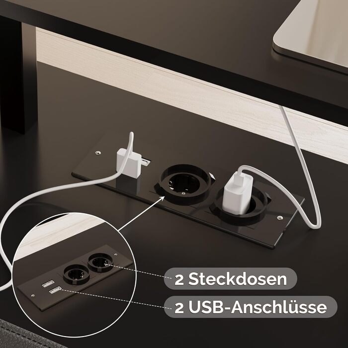Кутовий стіл Devoko 168x120 см з шухлядою, розеткою, USB-портом, підставкою для монітора та полицями, чорний
