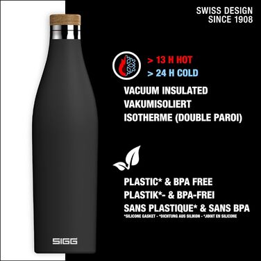 Термобутилка SIGG Meridian 0,5 л, нержавіюча сталь, бамбукова кришка, ізольована, чорна, BPA-free, без пластику, герметична