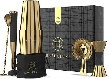 BarDeluxe Бостонський набір бармена 5 в 1, коктейльний мікс-набір з шейкером 750 мл, нержавіюча сталь, аксесуари для коктейлів, подарунковий набір з сумкою та рецептурником (золотий)