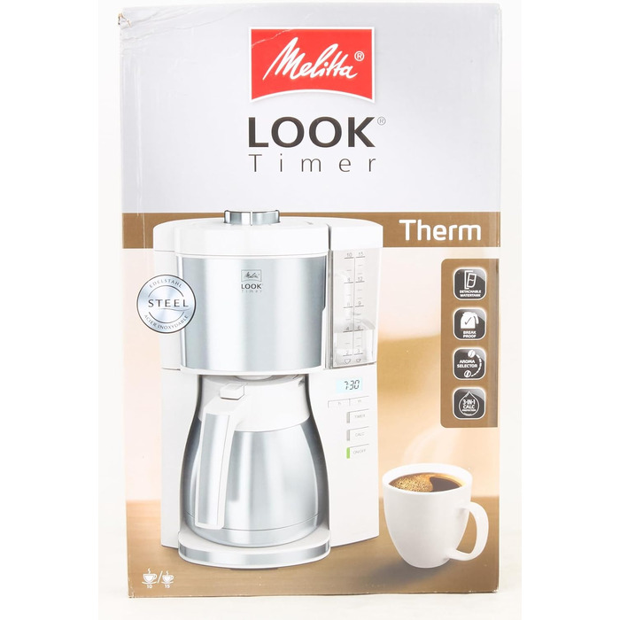 Кавоварка Melitta Look Therm Timer з термокувшином, таймером і захистом від капання, біла, модель 1025-17, для фільтр-кави
