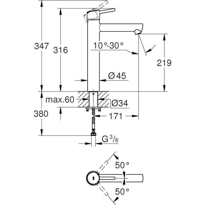 Змішувач для раковини GROHE Concetto одноручний, з QuickFix, хром (23739002) для настановних раковин