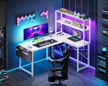 Ігровий стіл Coleshome L-подібної форми з LED підсвічуванням та розетками, 110x80 см. Реверсивний стіл з полицями для зберігання, ігровий кутовий стіл з сумкою для дому та геймінгу.