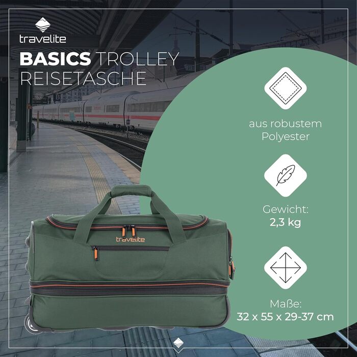 Дорожня сумка на колесах Travelite Basics Duffle L, 98-119 л, Зелено-помаранчева, 55 см