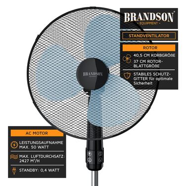 Вентилятор підлоговий Brandson 50 Вт, 40 см, з пультом, 3 швидкості, поворот 80°, регульована висота та кут нахилу 30°