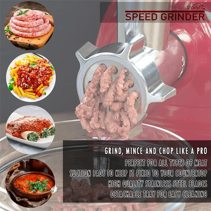 Електрична м’ясорубка STARLYF Speed Grinder для дому, кухонна багатофункціональна машина з насадками для ковбас, кіббе, штовхачем і знімною чашею