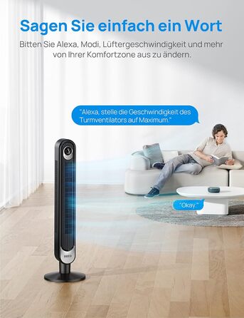 Розумний баштовий вентилятор Dreo з Wi-Fi, підтримка Alexa, дистанційне керування, 90° обертання, 6 швидкостей, 4 режими, таймер на 12 годин, тихий