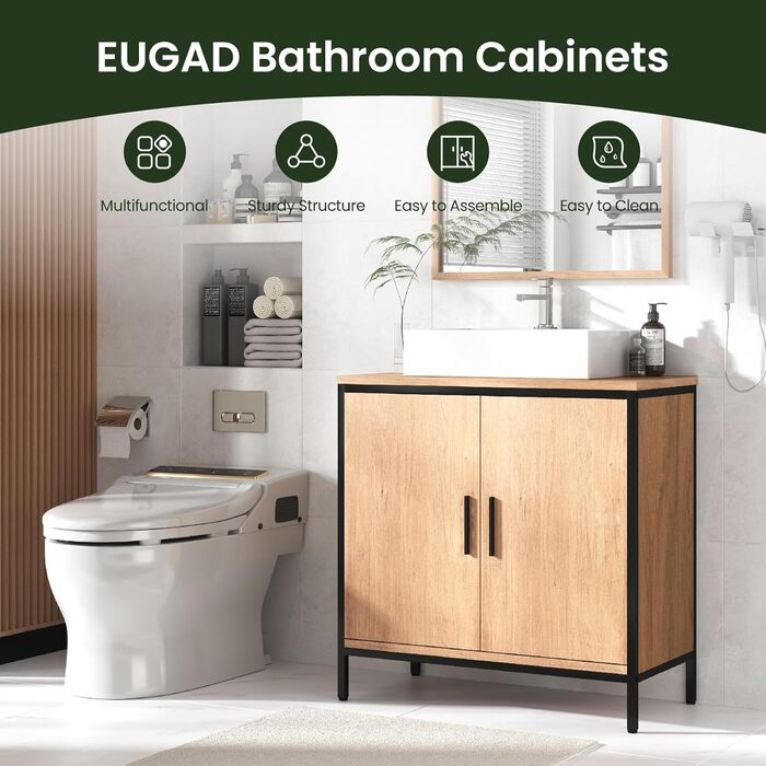 Тумба під умивальник EUGAD 60x60x30 см, чорна, деревостружкова плита, з металом, для ванної, з регульованою перегородкою