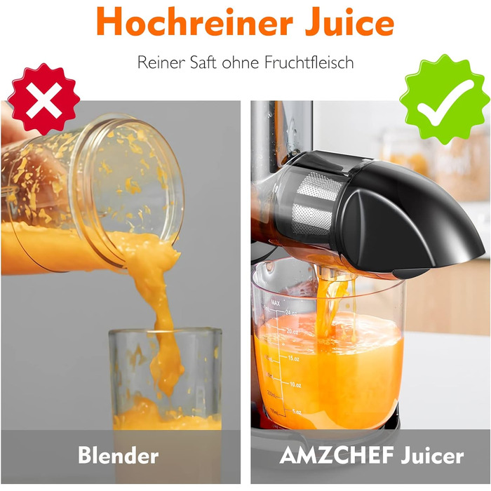 Соковижималка AMZCHEF для овочів і фруктів, електрична шнекова, зворотний хід, без фільтра, щітка, 2 чаші, колір оранжевий, тиха, преміум якість