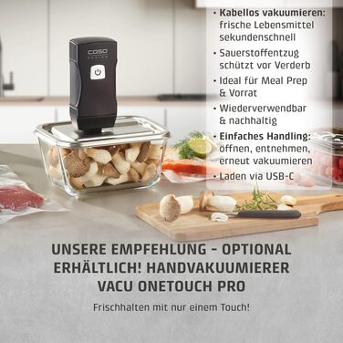 Вакууматор CASO Vacu OneTouch Eco-Set: бездротовий ручний пристрій з 3 скляними контейнерами, 10 ZIP-пакетами та стікерами Food Manager, акумуляторний, чорний