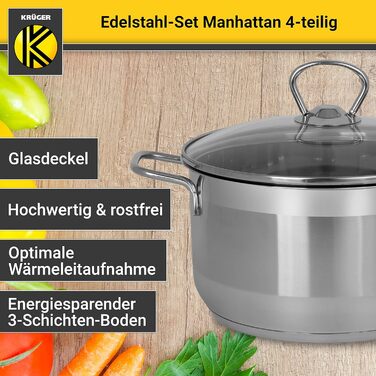 Набір каструль Krüger Manhattan з нержавіючої сталі, 4 предмети: 3 каструлі та сотейник зі скляною кришкою, термодно, зливний край