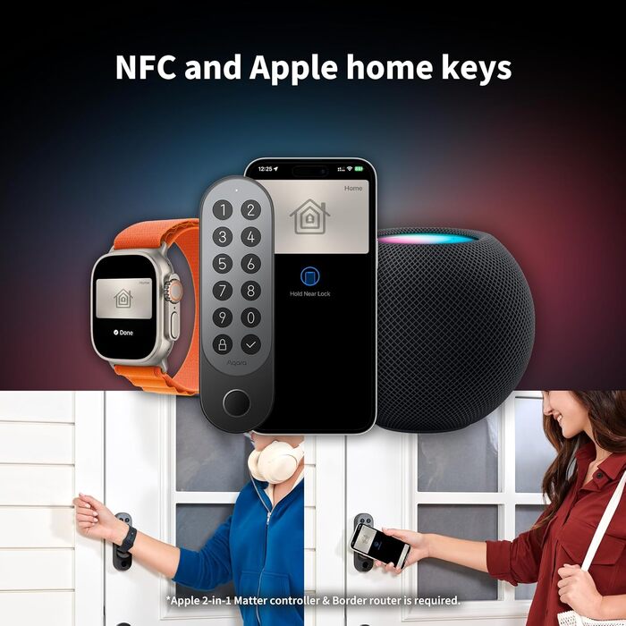 Розумний дверний замок Aqara U200 з відбитком пальця, Matter Over Thread, сумісний з Apple Home Key, акумулятор, підтримка Apple Home, Google Home, Alexa, SmartThings, чорний