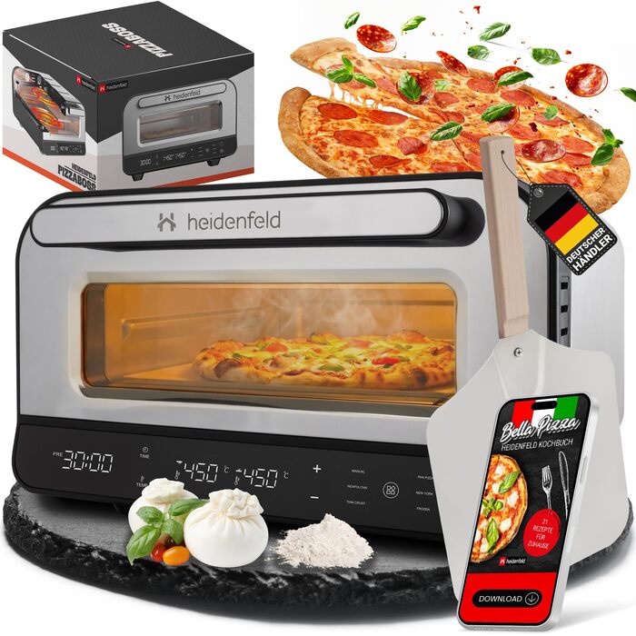 Електрична піч для піци Heidenfeld Pizzaboss, 1850 Вт, до 450°C, повний набір, сріблясто-чорний