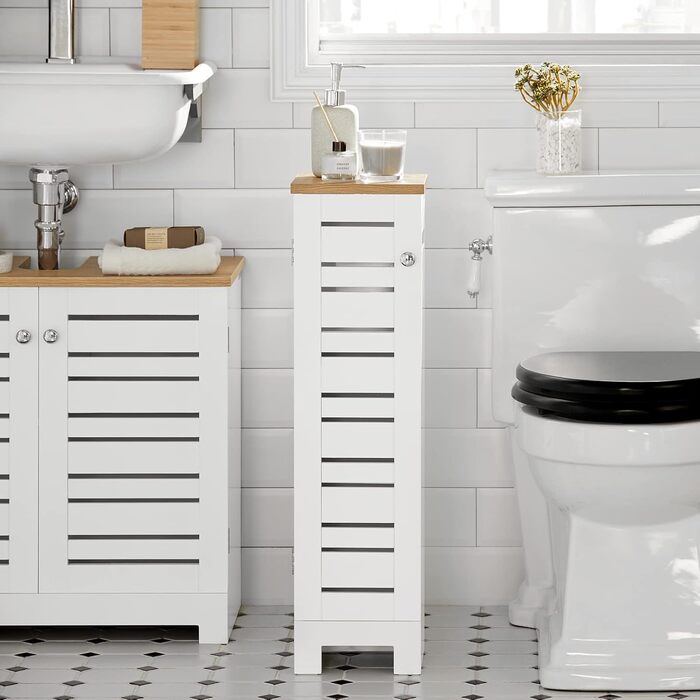 SoBuy BZR85-W підлогова шафа для ванної, тримач для туалетного паперу, білий/натуральний, 20x75x18 см – органайзер для зберігання, туалетна шафа, меблі для ванної кімнати