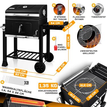 Гриль KESSER® Grillwagen BBQ Smoker XL з коліщатками, термометром та аксесуарами. Чорний котел для барбекю з нержавіючої сталі, решітка та 8 шампурів