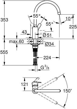 Змішувач кухонний GROHE Get з високим виливом, поворотний на 150°, економія води, хром 31494001