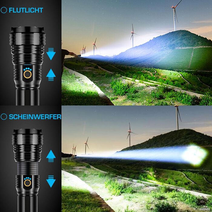 Потужний LED ліхтарик XHP70.2 600000 Люмен, акумуляторний світлодіодний ліхтар з USB-зарядкою, водонепроникний IPX7, з функцією зуму для кемпінгу та надзвичайних ситуацій