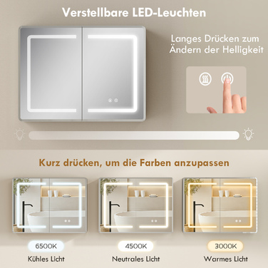 Дзеркальна шафа у ванну кімнату з LED-підсвіткою, 60 x 80 см, з функцією антизапотівання та 3-рівневим диммуванням