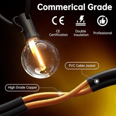 Світлодіодна гірлянда для вулиці, 60м, G40 LED, 104 пластикові лампочки, вологостійка IP45, димування, для зовнішнього використання, тераси, дерев, свят, 2700K тепле біле світло (2x30м)