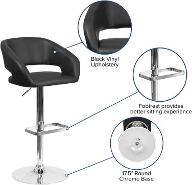 Барний стілець Flash Furniture, регульований по висоті, металевий, хромована основа, чорний вініл, 58,4×57,2×37,5 см