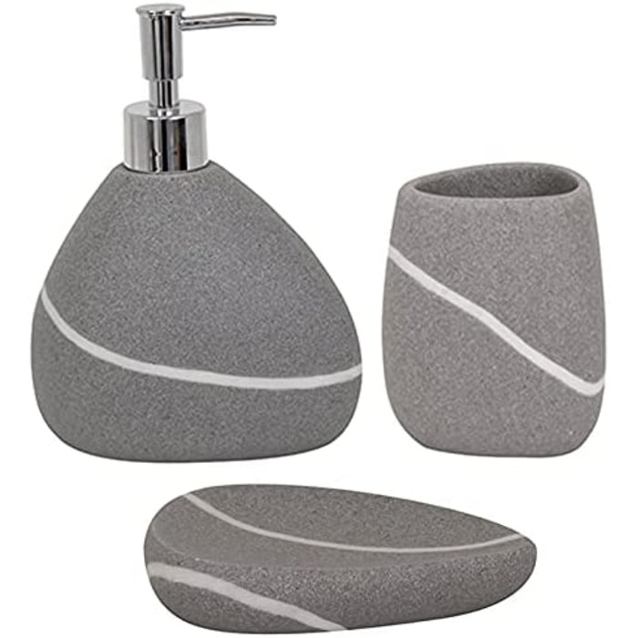 Набір аксесуарів для ванної MSV Stone Zen, 3 предмети, полірезин, сірий – дозатор для мила, мильниця, стакан для зубних щіток