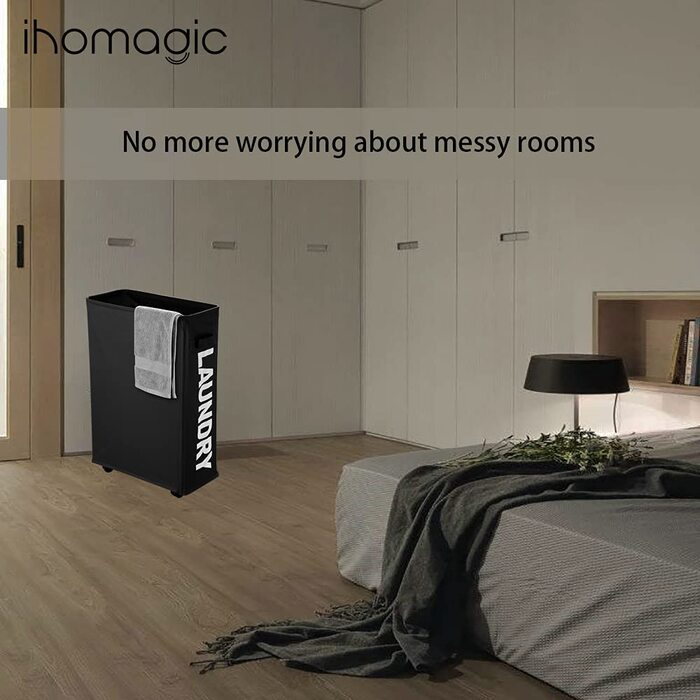 IHOMAGIC кошик для білизни на колесах, вузький складаний кошик 40 л з ручками, прямокутний органайзер для прання з міцної тканини 600D, для ванної та пральні, 39x18,5x58 см, синій