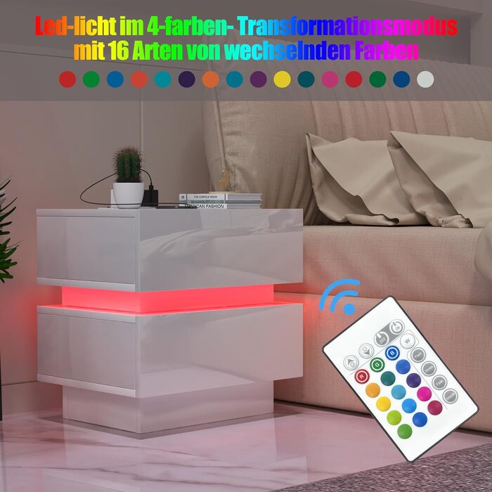Нічний столик з розеткою та LED-підсвіткою, з USB-зарядкою та 2 шухлядами (45x35x46 см, білий)