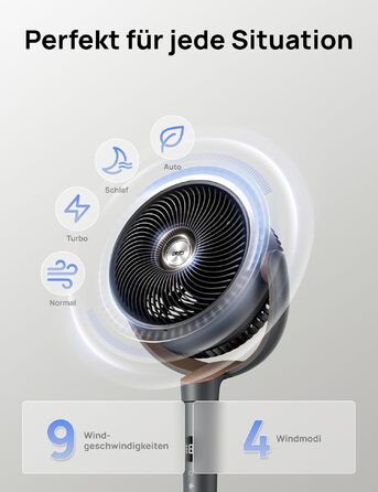 DREO Підлоговий вентилятор надтихий TurboPoly Fan 512 сірий з пультом ДК, 120° осциляція, 4 режими, регульована висота 94-107 см, DC-мотор