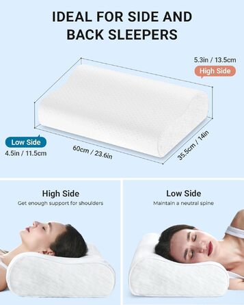 Подушка ортопедична з піни Memory Foam Elviros, регульована, для сну на боку та спині, знімний дихаючий чохол (біла)