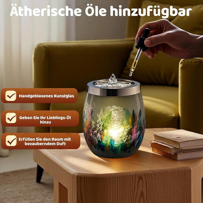 Декоративний скляний фонтан VOREEN з LED-підсвіткою, ручної роботи, жовтий, 15 см — заспокійливий фонтан для вітальні, спальні та офісу
