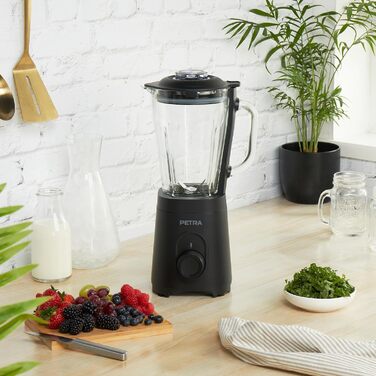 Скляний стаціонарний блендер Petra PT5531MBLKVDE, 1.5 л, BPA Free, 600 Вт, імпульсний режим, 2 швидкості, нержавіюча сталь, безпечна кришка, мірна шкала, для смузі