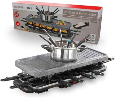 GOURMETmaxx Ракуетка 2-в-1 з Фондю | Набір ракуетки на 8 осіб – ідеальний гриль для вечірок | Ракуетка-фондю комбінація з 8 сковородами, лопатками та виделкою для фондю | Набір ракуетки з фондю на 8 осіб (Ракуетка & Фондю комбі XXL на 12 осіб)