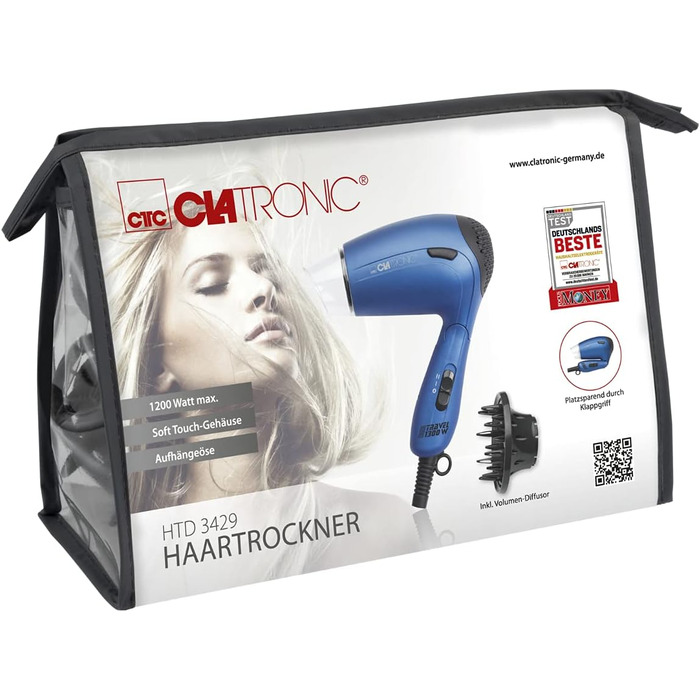 Компактний дорожній фен Clatronic HTD 3429, 1200 Вт, з дифузором та сумкою, двоступеневий, перемикач напруги 110/230В, синій