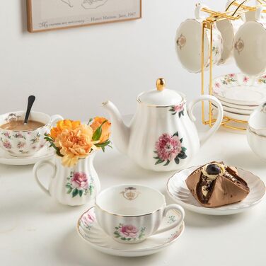 Набір посуду Sweejar Home Porzellan-Teeset British Royal: чайний сервіз на 6 осіб з чайником, цукорницею, ложками та ситечком (FloralD)