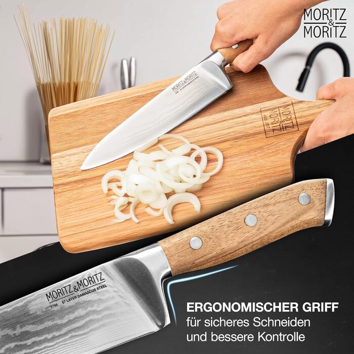 Ніж кухарський Moritz & Moritz Damastmesser 20 см - професійний ніж з дамаської сталі 67 шарів - кухонний ніж з ергономічною ручкою з акації
