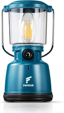 Favour Retro LED ліхтар для кемпінгу, акумуляторний, водонепроникний IP64, з диммером і режимом свічки, синій, ударостійкий, підвісний, знімний абажур, акумулятор у комплекті