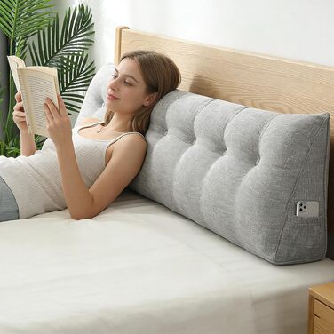 Подушка трикутна для спини OHMG 200x50x20 см світло-сіра з кишенею, для ліжка та дивана, знімний чохол