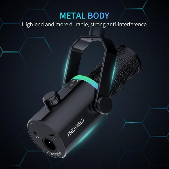 FEELWORLD PM1 Динамічний мікрофон XLR/USB з RGB-підсвічуванням для подкастів, геймінгу та YouTube. Комплект з підставкою та кабелем