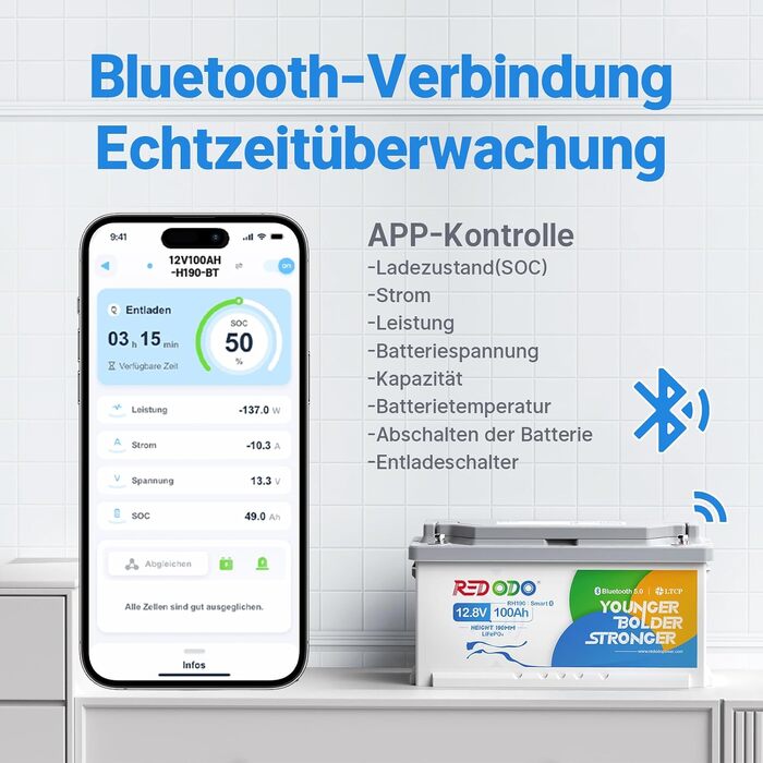 LiFePO4 акумулятор Redodo 12V 100Ah для підсидіння з Bluetooth та Smart BMS 100A, DIN H8/L5 (H190)