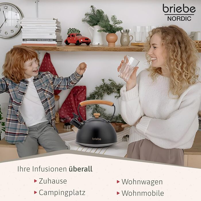 Тостер Briebe Nordic на 2 тости з широкими слотами та підставкою для булочок, 6 рівнів підсмажування + Електричний чайник індукційний 2.3л, нержавіюча сталь, BPA-free, Набір для сніданку в скандинавському стилі (Чорний)