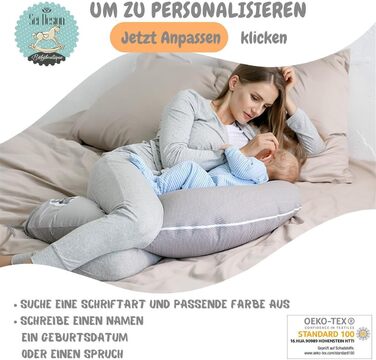 Подушка для годування та вагітних XXL, 190x30 см, персоналізована з ім’ям і датою народження, сіра зіркова, подарунок для хлопчика чи дівчинки