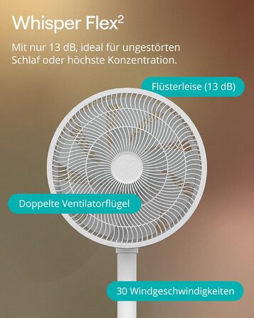 Duux Whisper Flex 2 Smart Вентилятор: тихий (13 дБ), нічний режим, таймер, регульована висота (54-92 см), енергоефективний, з Wi-Fi та пультом (білий, з акумулятором)