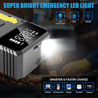 Пусковий пристрій для авто (бустер) з компресором 6000A, портативний Jump Starter Powerbank з LED-ліхтарем та дисплеєм, жовто-чорний