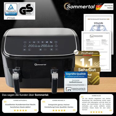 Аерофритюрниця з подвійною камерою Sommertal HF DUAL 900, 9 л, 2850 Вт, з функцією сушіння, сенсорним дисплеєм та 6 програмами, BPA-free