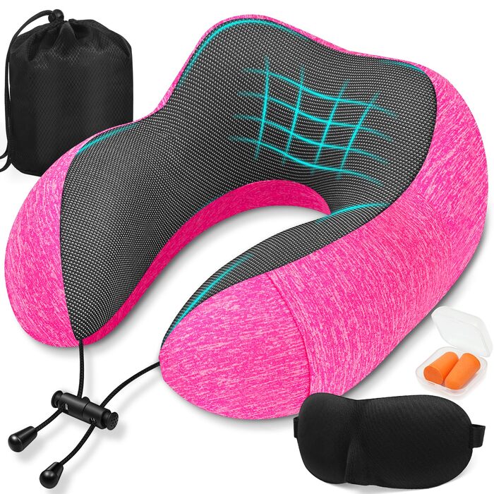 Подушка для подорожей під шию з ефектом пам'яті (Memory Foam) з 3D-маскою для сну та берушами, рожева — ідеальна для літака, авто та офісу