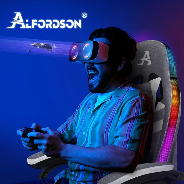 Ігрове крісло ALFORDSON з LED-підсвіткою, 8-точковий масаж, ергономічне крісло для геймерів з RGB, підголівником і поперековою підтримкою, тканина, сірий