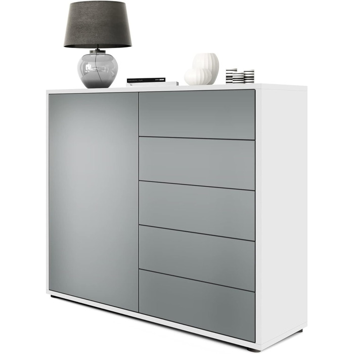 Комод Vladon Ben V2, 79x74x36 см, 1 дверцята, 5 шухляд, білий матовий/авола-антрацит, Німеччина