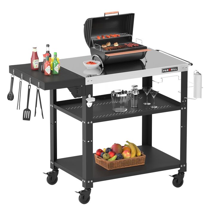 Візок для гриля PARGRILL з нержавіючої сталі, мобільний сервірувальний столик на 3 рівнях